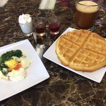 Sweet Desert Cafe - Waffle breakfast with spinach and tomato poached eggs - Cafes Near Me - Tempe, Arizona Sweet Desert Cafe - Waffle breakfast with spinach and tomato poached eggs - Cafes Near Me - Tempe, Arizona