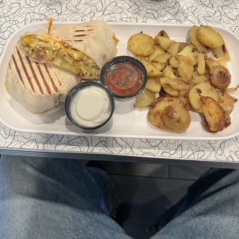 Curley Cone - Breakfast Burrito 3 eggs, sausage, bacon, ham, green pepper, onion, hash browns, & cheddar cheese   Add American fries. - Ice Cream & Frozen Yogurt Near Me - Wayland, Michigan