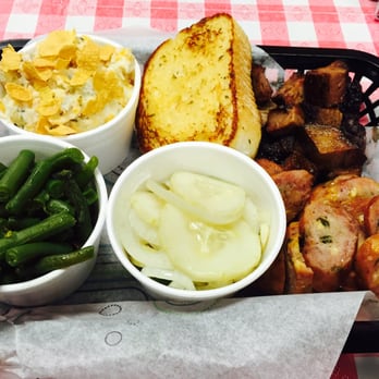 Shigs In Pit - Burnt Ends and Jalapeno Cheddar Sausage with Potato Casserole and Green Bean Salad with a side of sweet homemade pickles and garlic bread - Barbeque Near Me - Fort Wayne, Indiana Shigs In Pit - Burnt Ends and Jalapeno Cheddar Sausage with Potato Casserole and Green Bean Salad with a side of sweet homemade pickles and garlic bread - Barbeque Near Me - Fort Wayne, Indiana