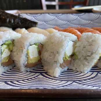 Hello Sushi Brea - Philly roll, salmon nigiri, and spicy yellowtail hand roll. We ate everything else too fast to take a pic, lol. - Japanese Near Me - Placentia, California