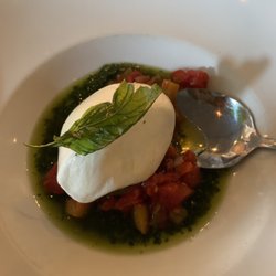 Circe Restaurant & Bar - Burrata over bed of Peperonata (chilled cubes of red bell pepper, tomatoes, onions) and pesto