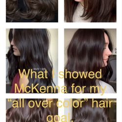 Main Street Salon - I showed this collage for inspo. She said it well take 3-4 sessions to get to that shade. I agreed. I originally had dark brown hair.