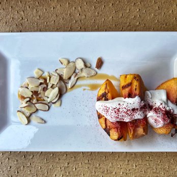 Bone and Broth - What a beautiful looking dish! I thought the powdered hibiscus a very nice touch. Too bad the peach season is over; this one was mealy. - Gastropubs Near Me - Asheville, North Carolina
