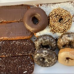 Dunk Donuts - Chocolate Sprinkle Long John, Coconut Long John, Chocolate Long John, Maple, Double Chocolate Glaze, Blueberry, Chocolate Peanut