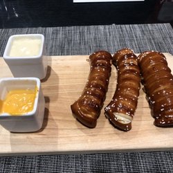 Sea salt pretzel sticks with two different cheese sauces. Super delicious!