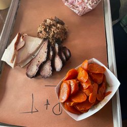 Sugarfire Smoke House - Brisket, pulled pork, turkey with glazed carrots and coleslaw