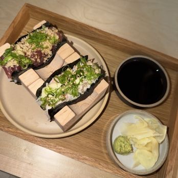 Neighborhood Sushi - Tuna wasabi handroll (tasted like straight wasabi), and crab. Soy sauce is extra salty - Sushi Bars Near Me - Dallas, Texas Neighborhood Sushi - Tuna wasabi handroll (tasted like straight wasabi), and crab. Soy sauce is extra salty - Sushi Bars Near Me - Dallas, Texas