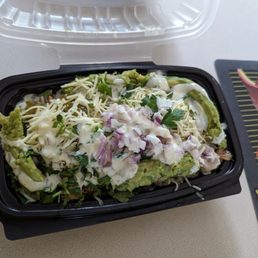 Shredded chicken burrito bowl with guac - about 13.75 regular price.