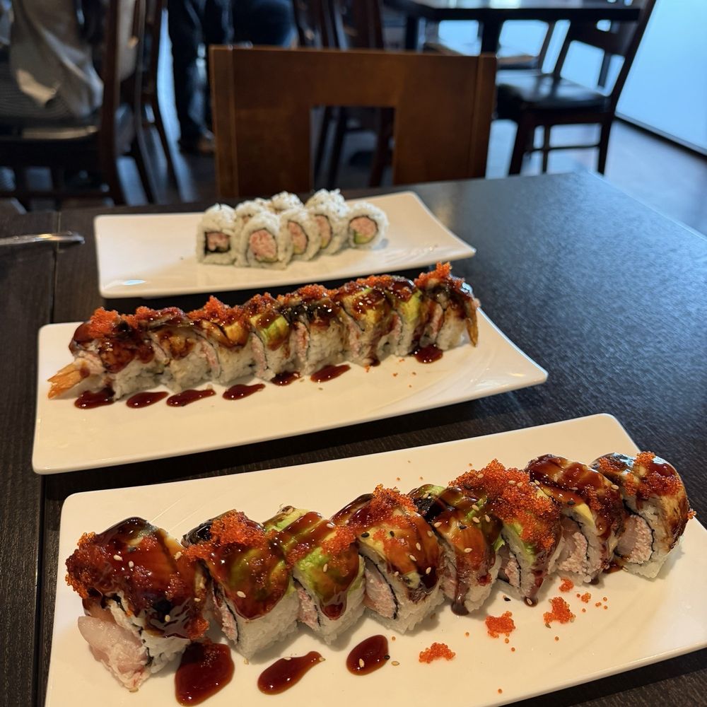 Enishi Kitchen - 2. Dream Come True in the front 12. Dragon Roll in the middle - Sushi Bars Near Me - Brentwood, California