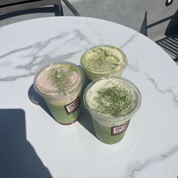 Febe Coffee - strawberry matcha (left) , matcha einspanner (right), mango matcha (top) - Coffee & Tea Near Me - Irvine, California