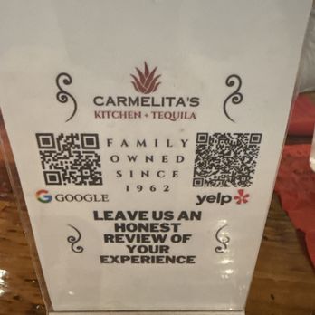 Carmelita's Kitchen + Tequila - Table tent - Mexican Near Me - Cypress, Texas