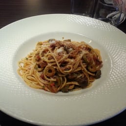 £9.90 - Spaghetti Puttanesca. Delicious, but small portion. If you have high blood pressure, stay away from olives. High sodium. £9.90 - Spaghetti Puttanesca. Delicious, but small portion. If you have high blood pressure, stay away from olives. High sodium.
