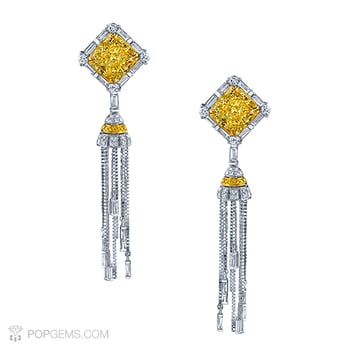 Pop Gems - Spectacular vintage inspired Radiant Cut Fancy Yellow diamond tassel earrings weighing 2.50 carats each accompanied with 2 carat - Jewelry Near Me - Los Angeles, California