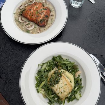 Supper - Top: Mushroom Risotto with Salmon Bottom: Halibut with Green Pepper and Arugula Salad - New American Near Me - San Antonio, Texas