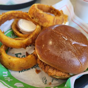 Farmer Boys - Crispy chicken sandwich with onion rings - Burgers Near Me - Gilbert, Arizona