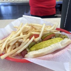 Chicago style hot dog on a Mary Ann bun