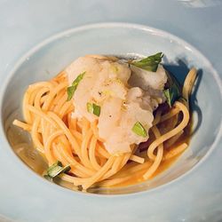 Sardina Pasta Bar - Spaghetti with tomato bisque and ginger with shrimp tartare with lime and basil