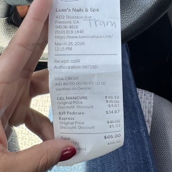 Luxe's Nails & Spa - Receipt of service with neglected discount + name of nail tech who was an hour late and was rude and unprofessional. - Nail Salons Near Me - Fremont, California Luxe's Nails & Spa - Receipt of service with neglected discount + name of nail tech who was an hour late and was rude and unprofessional. - Nail Salons Near Me - Fremont, California