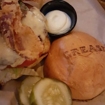 Grease Burger Beer and Whiskey Bar - the 'Ron Burgandy' burger with deep fried bacon and garlic aioli added. - Burgers Near Me - West Palm Beach, Florida Grease Burger Beer and Whiskey Bar - the 'Ron Burgandy' burger with deep fried bacon and garlic aioli added. - Burgers Near Me - West Palm Beach, Florida