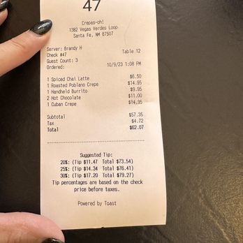 Crepas-oh! - a receipt for a restaurant - Creperies Near Me - Santa Fe, New Mexico