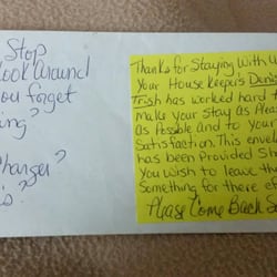Rodeway Inn - No elevator, the air conditioning didn't work, cigarette burns in the blankets, then we were greeted with this note.