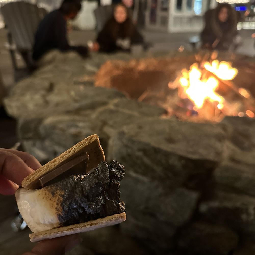a hand holding a marshmallow over a campfire