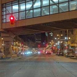 Portage Place - Driving on Portage Avenue, stopped in front of the old flagship Hudson's Bay store. Portage Place is on the left.