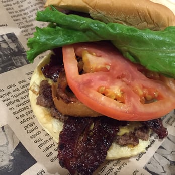 Wayback Burgers - My single bacon cheeseburger with onion rings, lettuce, tomato, grilled onions, relish, and BBQ sauce. - Burgers Near Me - Milpitas, California Wayback Burgers - My single bacon cheeseburger with onion rings, lettuce, tomato, grilled onions, relish, and BBQ sauce. - Burgers Near Me - Milpitas, California