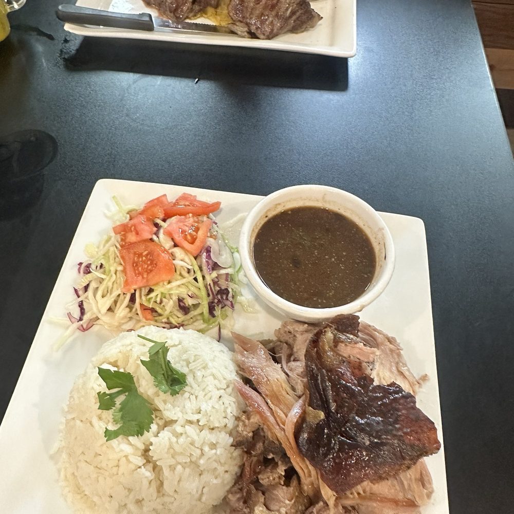 Pernil (pork) rice and beans and skirt steak with Mofongo and soup broth from heaven! Pernil (pork) rice and beans and skirt steak with Mofongo and soup broth from heaven!
