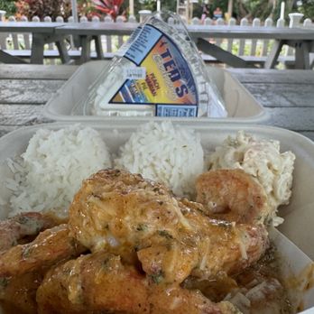 Ted's Bakery - Spicy shrimp w/ a slice of Peach Bavarian Cream Pie - Bakeries Near Me - Haleiwa, Hawaii