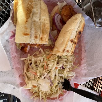 Big Hole BBQ - Jackson Hole - Po Boy Shrimp sandwich and side of slaw - Barbeque Near Me - Jackson, Wyoming Big Hole BBQ - Jackson Hole - Po Boy Shrimp sandwich and side of slaw - Barbeque Near Me - Jackson, Wyoming