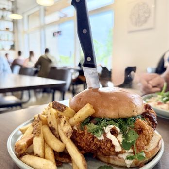 The Pantry - Harissa fried chicken sandwich with fries - Breakfast & Brunch Near Me - Roseville, California The Pantry - Harissa fried chicken sandwich with fries - Breakfast & Brunch Near Me - Roseville, California