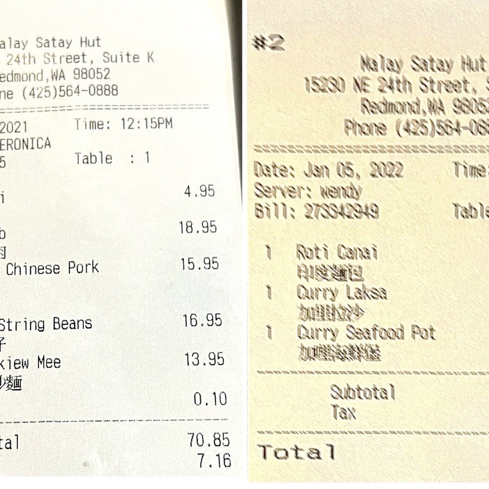 Malay Satay Hut - Receipts from 2 trips - Malaysian Near Me - Bellevue, Washington Malay Satay Hut - Receipts from 2 trips - Malaysian Near Me - Bellevue, Washington