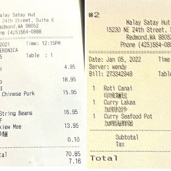 Malay Satay Hut - Receipts from 2 trips - Malaysian Near Me - Bellevue, Washington