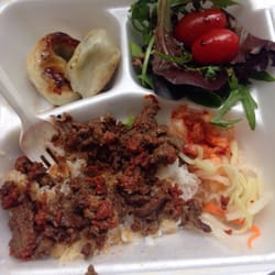 Galbi Q - Half of my portion..the red sauce on the bulgogi is a tomato garlic sauce. Not spicy at all!