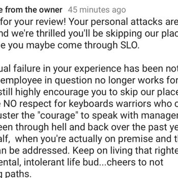Sidecar - Owner's Super Professional Response to Our Negative Review - New American Near Me - San Luis Obispo, California Sidecar - Owner's Super Professional Response to Our Negative Review - New American Near Me - San Luis Obispo, California