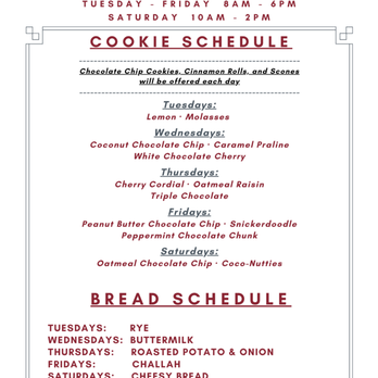 Millborne Bakery - Cookie Schedule (please note, menu items/pricing may change without notice. We do our best to keep this updated.) - Bakeries Near Me - Oak Ridge, Tennessee Millborne Bakery - Cookie Schedule (please note, menu items/pricing may change without notice. We do our best to keep this updated.) - Bakeries Near Me - Oak Ridge, Tennessee