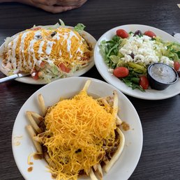 Greek Salad, chili fries & chili spaghetti Greek Salad, chili fries & chili spaghetti