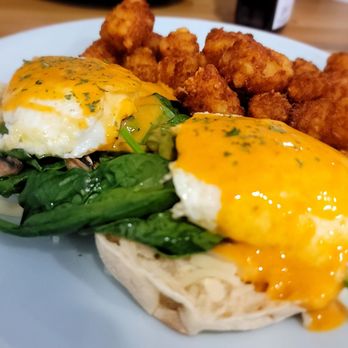 The Potato Sack - Benedict with sautéed mushrooms and spinach (another option is bacon)...and crispy tots! - Breakfast & Brunch Near Me - Los Angeles, California The Potato Sack - Benedict with sautéed mushrooms and spinach (another option is bacon)...and crispy tots! - Breakfast & Brunch Near Me - Los Angeles, California
