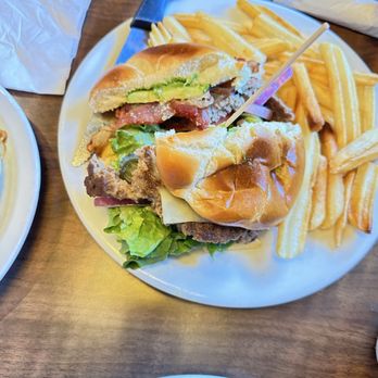 Denny's - Classic Burger with Fries With cheese , bacon, avocado - Breakfast & Brunch Near Me - Newbury Park, California Denny's - Classic Burger with Fries With cheese , bacon, avocado - Breakfast & Brunch Near Me - Newbury Park, California