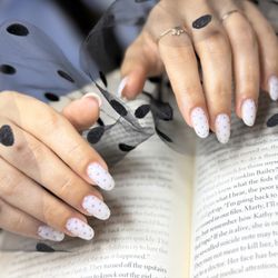 Studio OS - Russian manicure with elegant polka dot design  Nail extensions with gel polish Studio OS * Carmichael