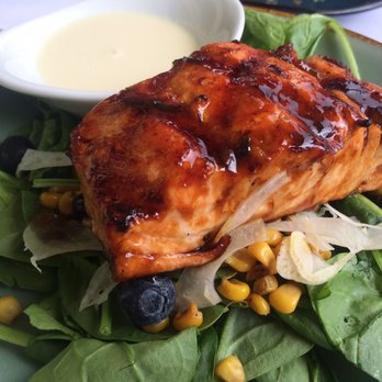 Avocado Grill - Korean BBQ Salmon Salad (Baby Spinach, Korean BBQ Glazed Salmon, Roasted Corn, Blueberries Ginger Vinaigrette, $16)- 3/5 stars; overcooked!! - Tapas/Small Plates Near Me - West Palm Beach, Florida Avocado Grill - Korean BBQ Salmon Salad (Baby Spinach, Korean BBQ Glazed Salmon, Roasted Corn, Blueberries Ginger Vinaigrette, $16)- 3/5 stars; overcooked!! - Tapas/Small Plates Near Me - West Palm Beach, Florida