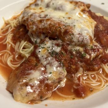 Angottis Restaurant - Chicken Parmesan with angel hair pasta - New American Near Me - Columbus, Indiana