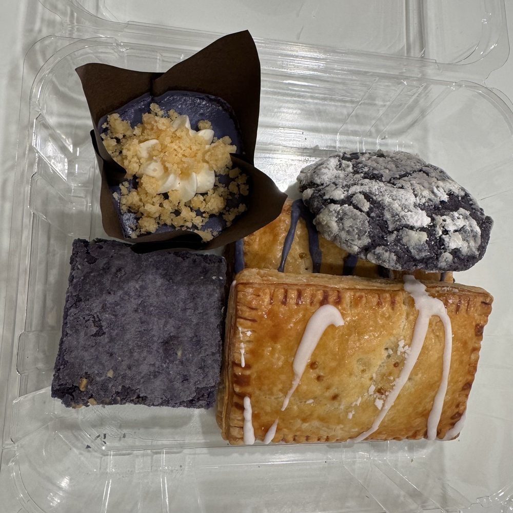 Cafe 86 - From top left clockwise: Ube cheesecake, crinkle cookies, pop tarts, and ube brownie - Desserts Near Me - Tustin, California Cafe 86 - From top left clockwise: Ube cheesecake, crinkle cookies, pop tarts, and ube brownie - Desserts Near Me - Tustin, California