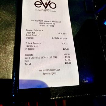 Evo Cocktail Lounge & Restaurant - Our bill after two rounds of birthday nightcap drinks! (2 rum + cokes and 2 whiskey + ginger ales ) - Cocktail Bars Near Me - Bronx, New York Evo Cocktail Lounge & Restaurant - Our bill after two rounds of birthday nightcap drinks! (2 rum + cokes and 2 whiskey + ginger ales ) - Cocktail Bars Near Me - Bronx, New York