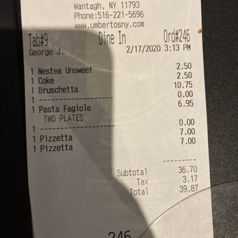 Umberto's Restaurant & Pizza - Worst service ever!!!! Not sure if George was our server or the other server that eventually got us our check. - Pizza Near Me - Wantagh, New York