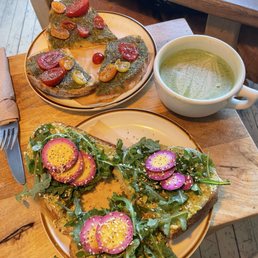 Tomato Pesto Toast, Avocado Arugula Pickled Eggs Toast, and Matcha Tomato Pesto Toast, Avocado Arugula Pickled Eggs Toast, and Matcha
