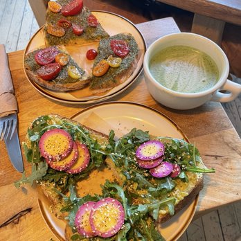 Harless + Hugh - Tomato Pesto Toast, Avocado Arugula Pickled Eggs Toast, and Matcha - Coffee & Tea Near Me - Bay City, Michigan