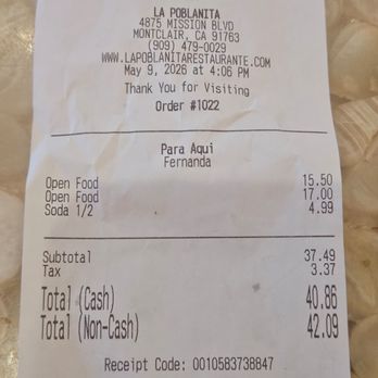 La Poblanita Restaurant - Receipt - Mexican Near Me - Montclair, California