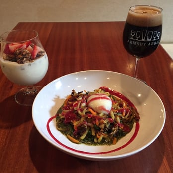 Armsby Abbey - The perfect brunch:  Hash. The fruit parfait.  Lost Abby Track 10 Imperial Barrel Aged Stout. - New American Near Me - Worcester, Massachusetts